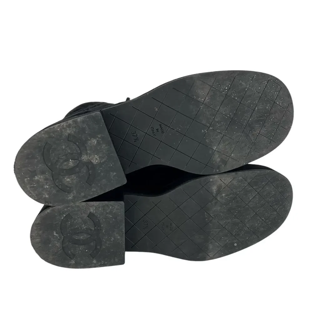 Chanel CC Suede Quilted Lace Up Combat Cap Toe Boots in Black